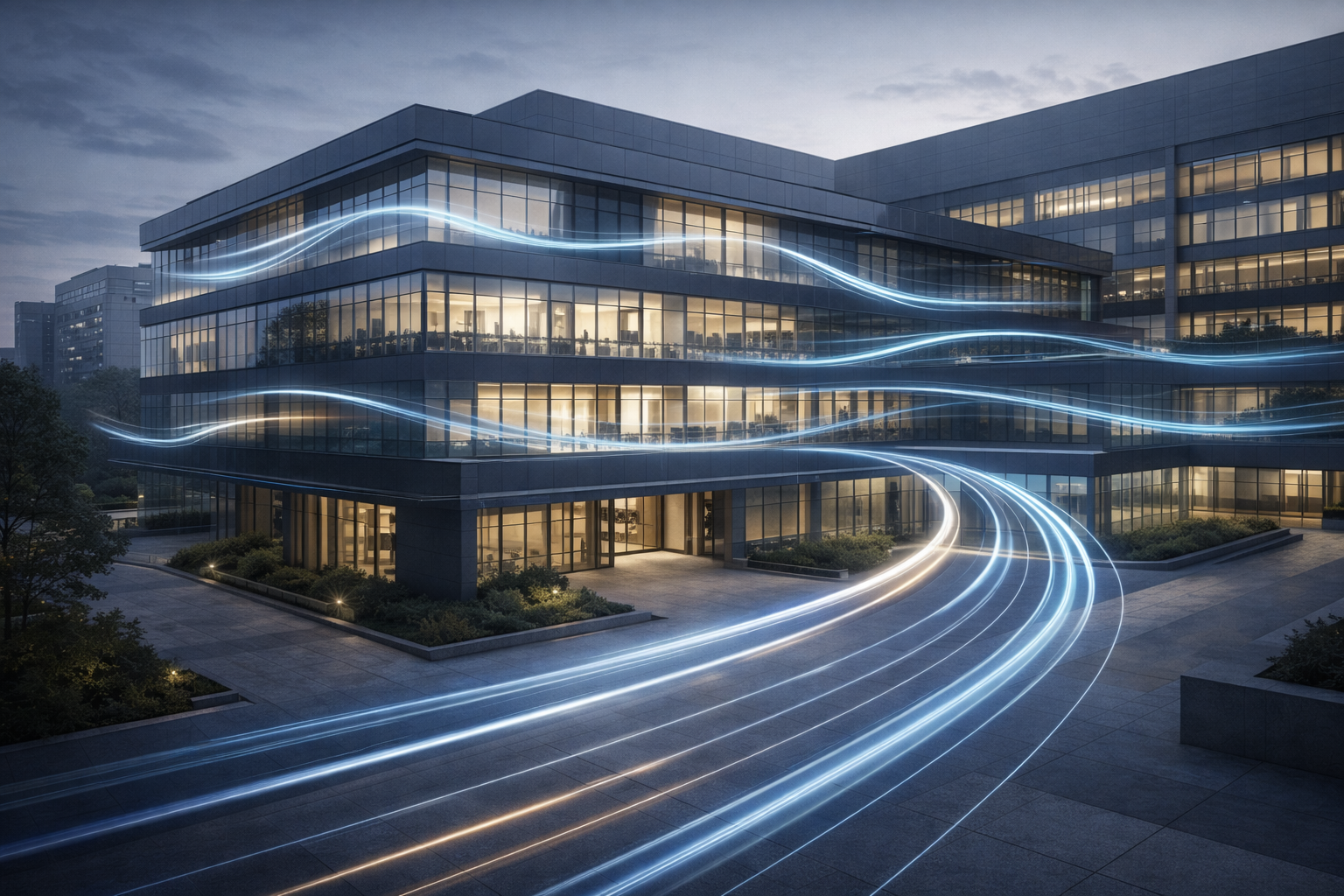 Modern corporate building with subtle coordinated data and energy flows illustrating IoT orchestration across systems from different manufacturers.